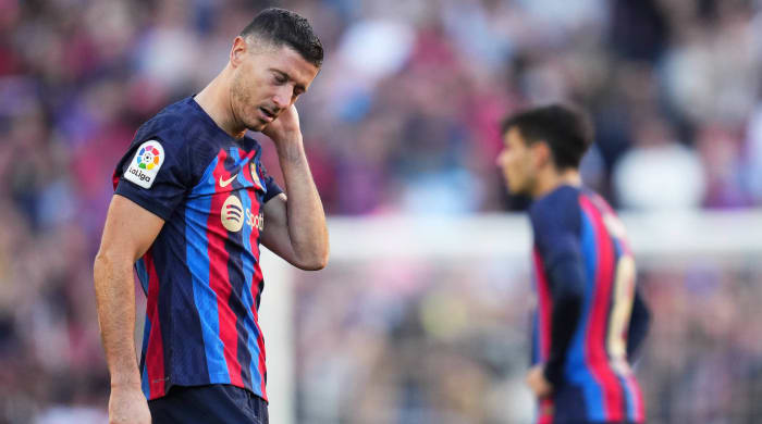 FC Barcelona’s Robert Lewandowski reacts during a game vs. Espanyol.